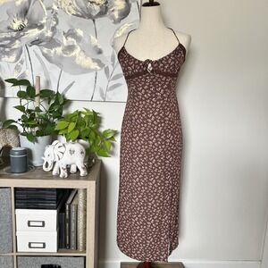 Aeropostale Babydoll Midi Slip Dress Small Brown Floral Halter Boho Y2K Cottage